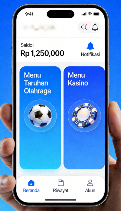 Dashboard utama M88 mobile yang menampilkan menu taruhan olahraga dan kasino
